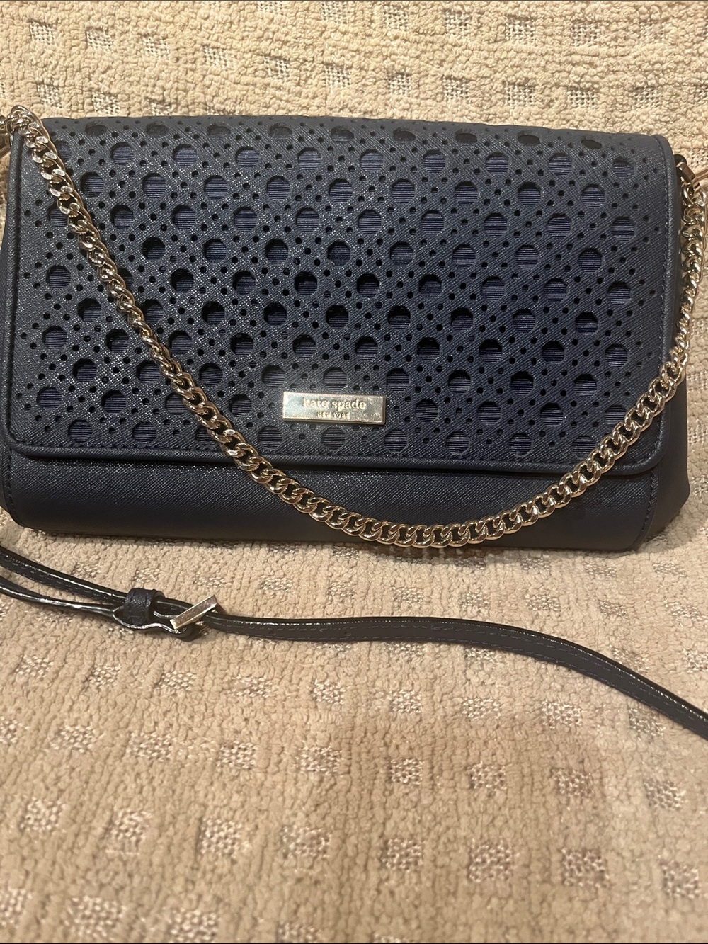 kate spade navy Perforated Saffiano Leather Crossbody with Gold Chain